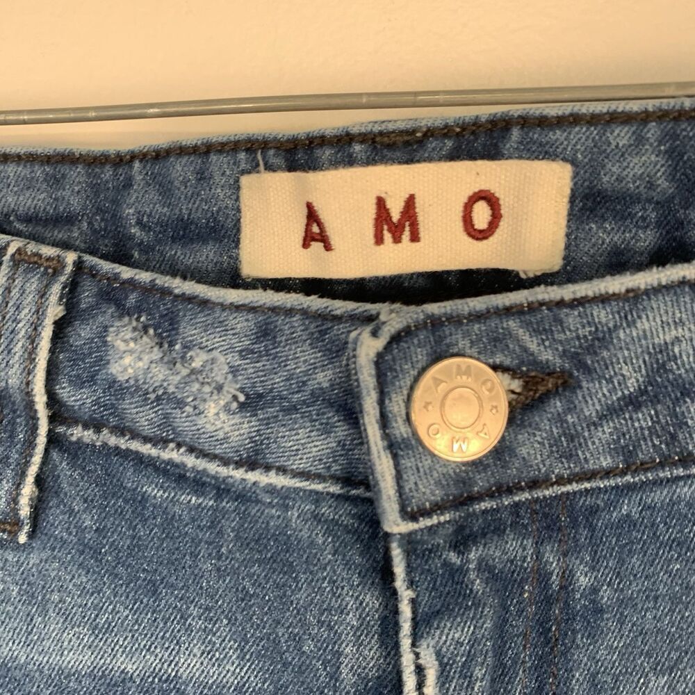 AMO Mid Rise Jeans Denim Stix Crop Raw Hem In Color Pacific Size 29 - Picture 9 of 12